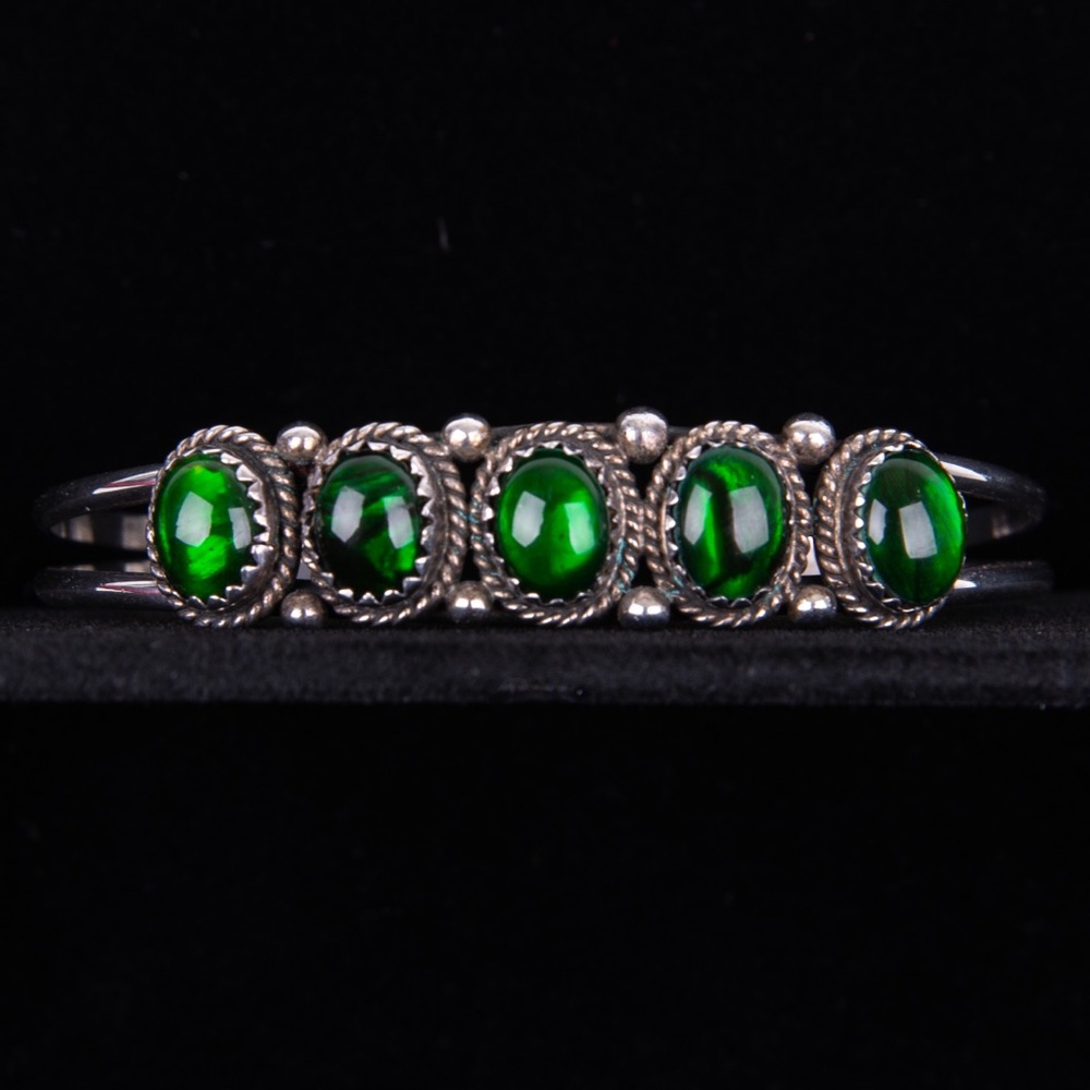 VTG Navajo Nakai Signed Stealing Silver Abalone Green Resin Cuff Bracelet